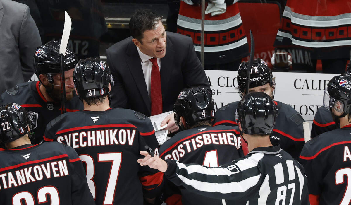 Carolina coach Rod Brind'Amour talks to the team in the third period of the Golden Knights’ 5-4 victory over the Hurricanes in the first game of the Stanley Cup Final at the Lenovo Center in Raleigh, N.C., Tuesday, June 2, 2026.