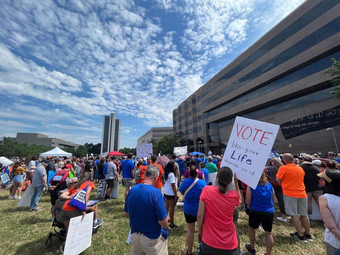 Attendees at the March for Our Lives on Halifax Mall in Raleigh listen to a speaker on stage. The local rally was one of hundreds that took place Saturday, June 11, in reponse to recent mass shootings in the U.S.