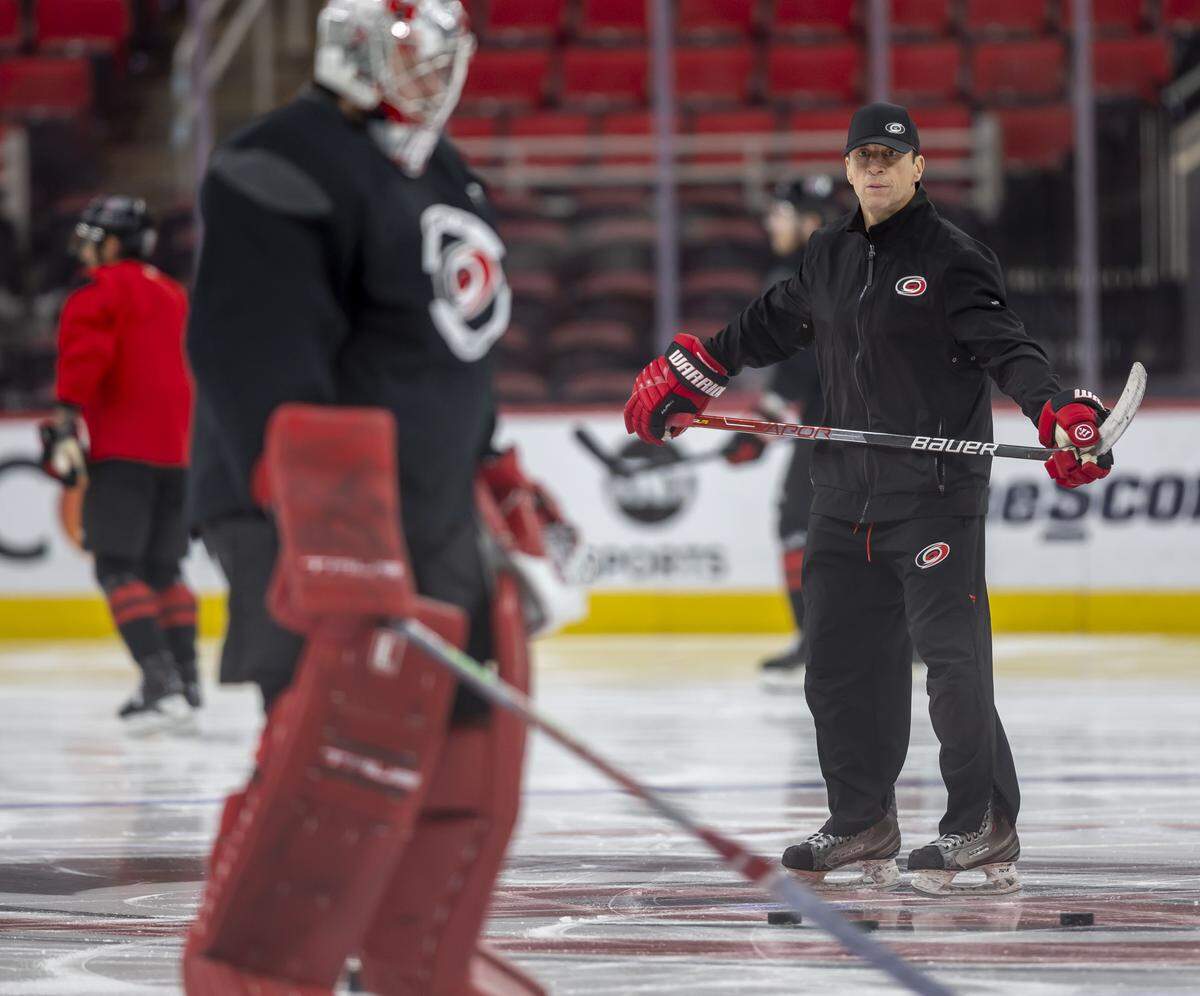 Carolina Hurricanes coach Rod Brind’Amour watches his team during their practice, as they prepare for the Game 1 of the Stanley Cup Playoffs against Las Vegas on Monday June 1, 2026 at Lenovo Center in Raleigh, N.C.