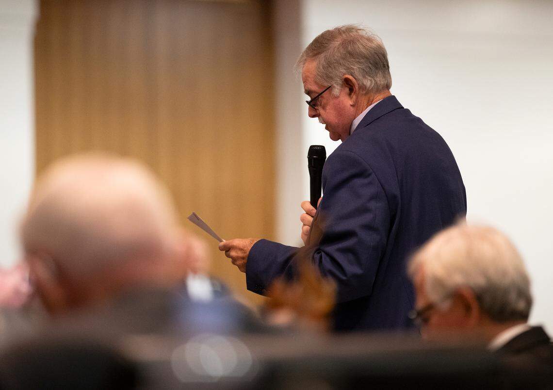 Rep. Donny Lambeth, a Republican from Forsyth County, speaks about a bill including Helene disaster relief and a series of power shifts during a legislative session at the General Assembly on Tuesday, Nov. 19, 2024, in Raleigh, N.C.