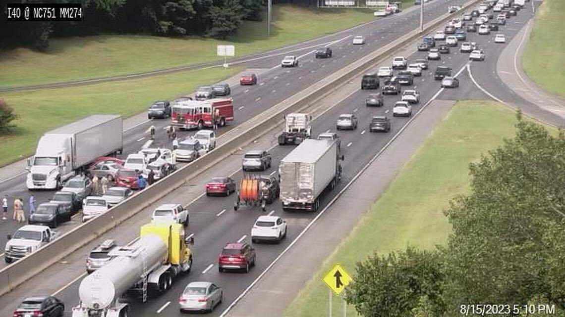 A traffic camera image from 5:10 p.m. on August 15, 2023, shows the crash on I-40 at NC 751.