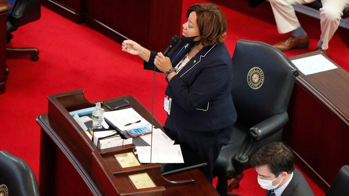 Sen. Erica Smith speaks on the first day of a brief session of the N.C. Legislature Wednesday, Sept. 2, 2020.
