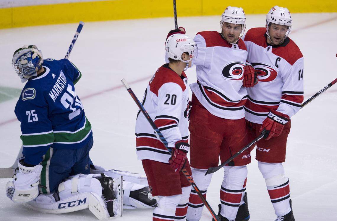 Carolina Hurricanes right wing Nino Niederreiter (21) celebrates his goal against Vancouver Canucks goaltender Jacob Markstrom (25) with teammates Sebastian Aho (20) and Justin Williams (14) during the second period of an NHL hockey game Wednesday, Jan. 23, 2019, in Vancouver, British Columbia.