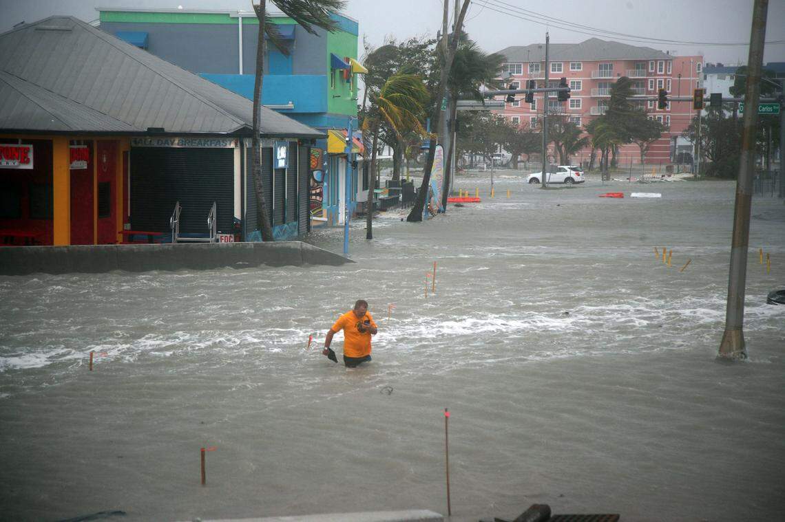 Fort Myers Beach sees flooding for a second time as the outer bands of Hurricane Helene pass by on Fort Myers Beach, Fla. on Thursday, Sept. 26, 2024.