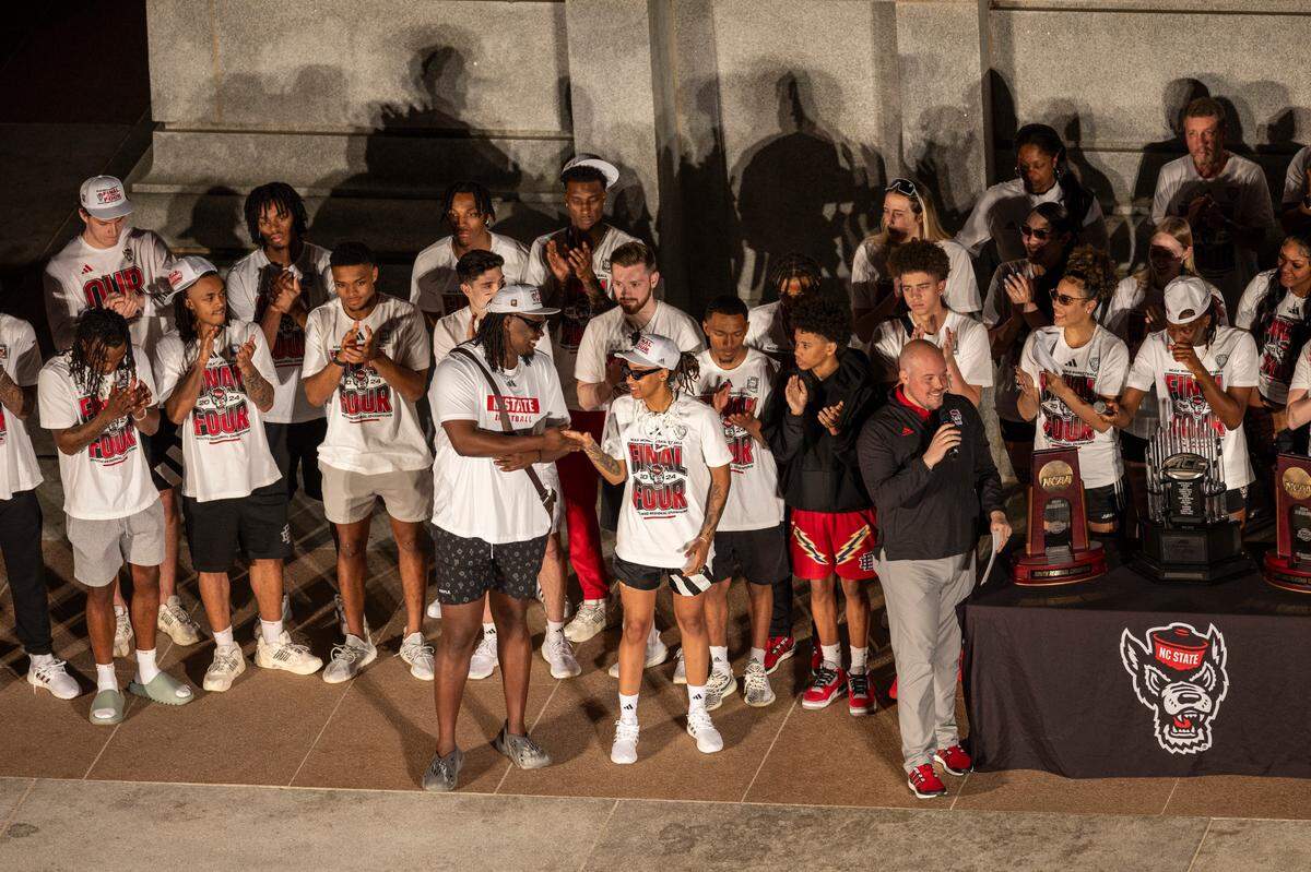 NC State’s men’s and women’s basketball teams celebrate their Final Four runs at the Memorial Belltower on Monday, April 15, 2024.