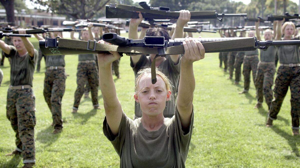 In this photo, female Marine Corps recruit Kylieanne Fortin, 20, of Williamsport, Maryland goes through close combat training at the United States Marine Corps recruit depot in Parris Island, South Carolina.