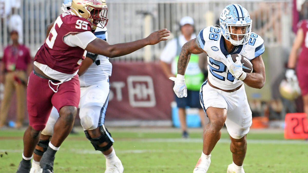 Nov 2, 2024; Tallahassee, Florida, USA; North Carolina Tarheels running back Omarian Hampton (28) runs a shovel pass for a touchdown against the Florida State Seminoles during the fourth quarter at Doak S. Campbell Stadium. Mandatory Credit: Robert Myers-Imagn Images