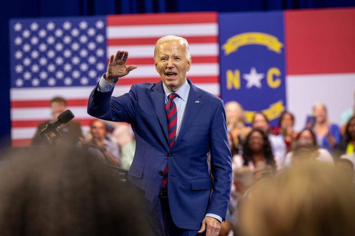 President Joe Biden acknowledges the crowd after touting a $3 billion federal program to help water utilities nationwide find and replace lead service lines during remarks at the Wilmington Convention Center on Thursday, May 2, 2024.