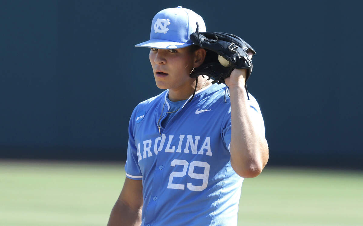North Carolina's Jason DeCaro (29) listens to the pitch call during UNC’s 4-0 victory over USC in the second game of the Chapel Hill Super Regional at Boshamer Stadium in Chapel Hill, N.C., Saturday, June 6, 2026.