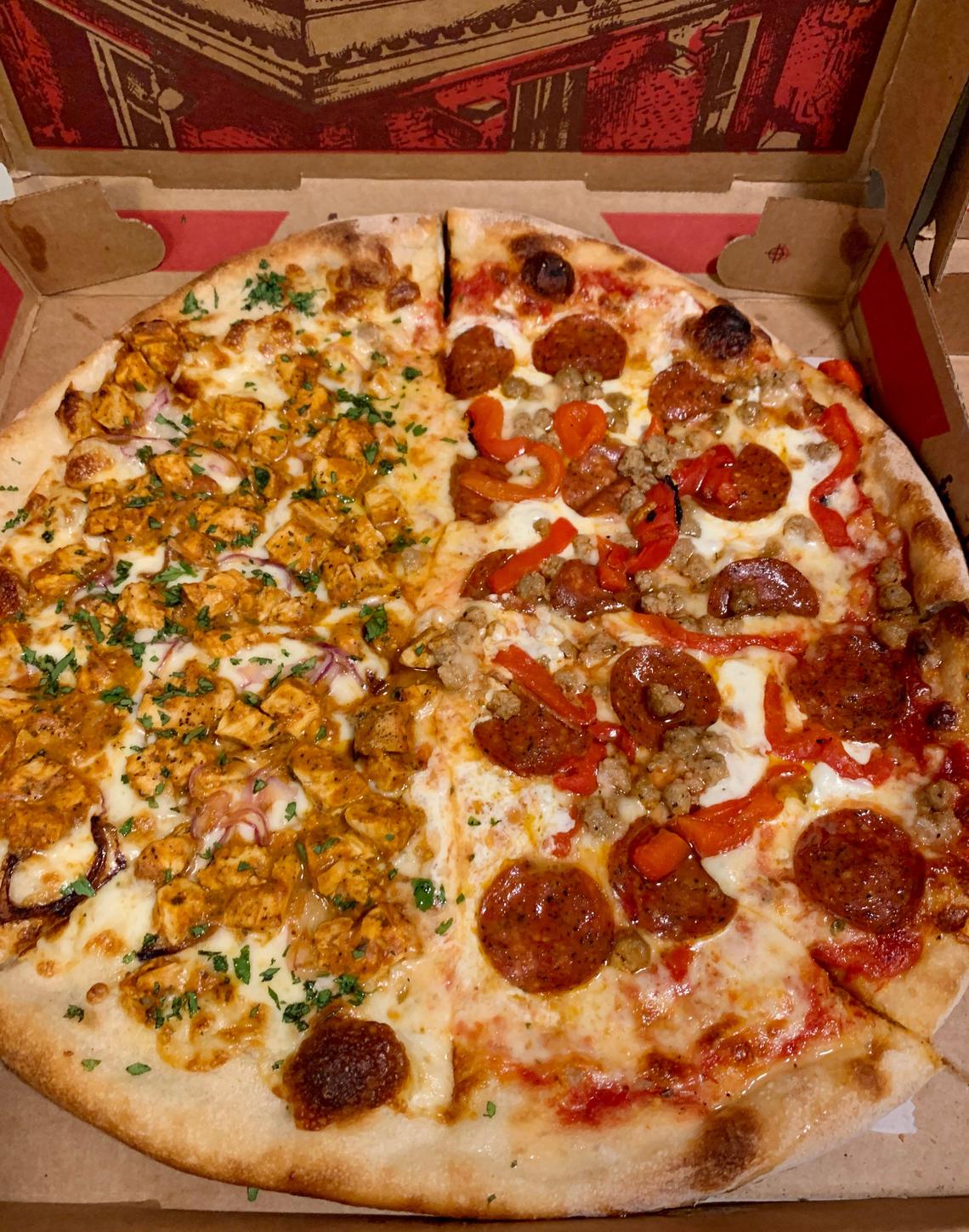 A pizza with Chicken Tikka on one side and Spicy Honey on the other give an admirable accounting of the contemporary offering at Pizzeria Veritas in Cary.