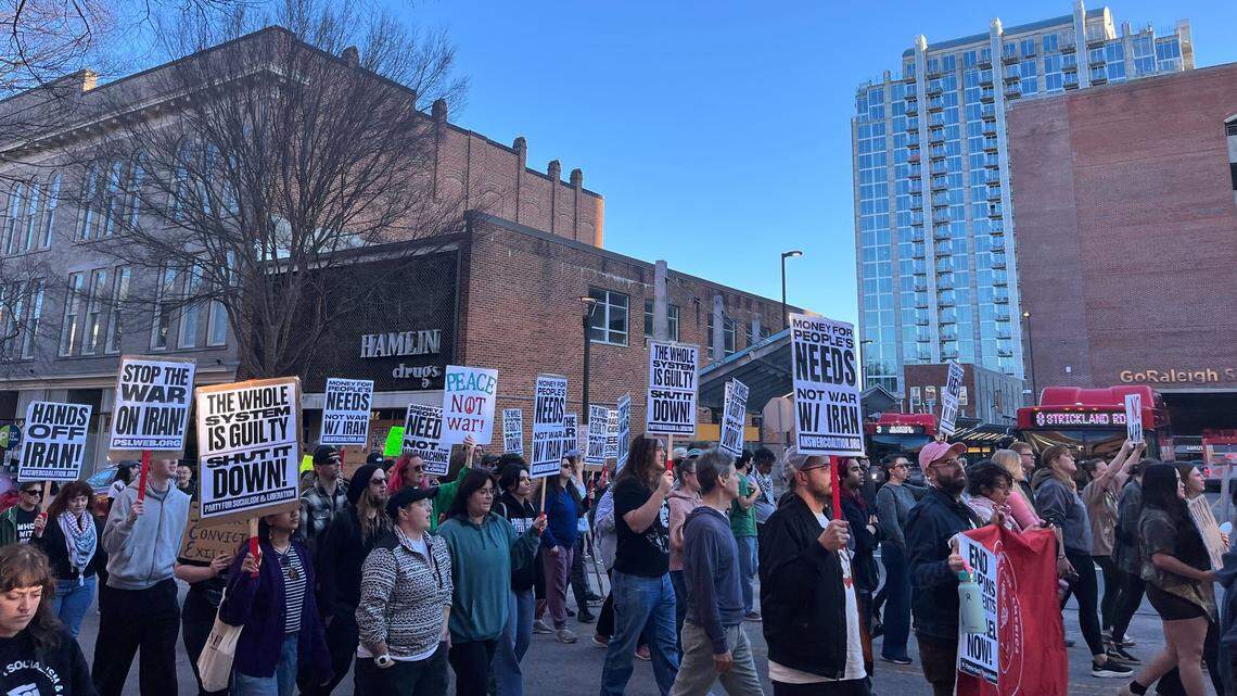 Dozens of protesters gather in Raleigh’s Moore Square to oppose US attack on Iran