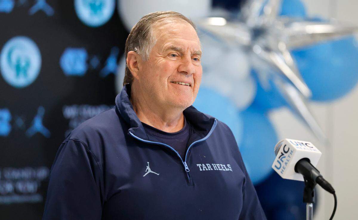 North Carolina football coach Bill Belichick smiles while speaking during a press conference at the Kenan Football Center in Chapel Hill, N.C., Tuesday, June 10, 2025.