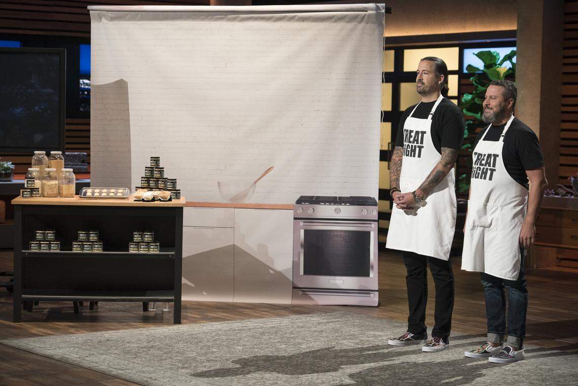 First into the Tank on the March 3 episode of “Shark Tank” are entrepreneurs from Raleigh who introduce their bake-at-home, all-natural dog treats. Justin Miller, left, and Tom Simon of Zookies Cookies.