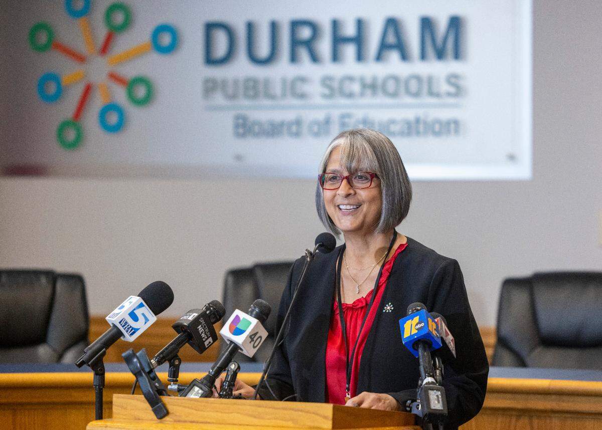 Catty Moore, Interim Superintendent of Durham Schools, fields questions following her introduction at a press briefing on Wednesday, February 14, 2024 in Durham, N.C.