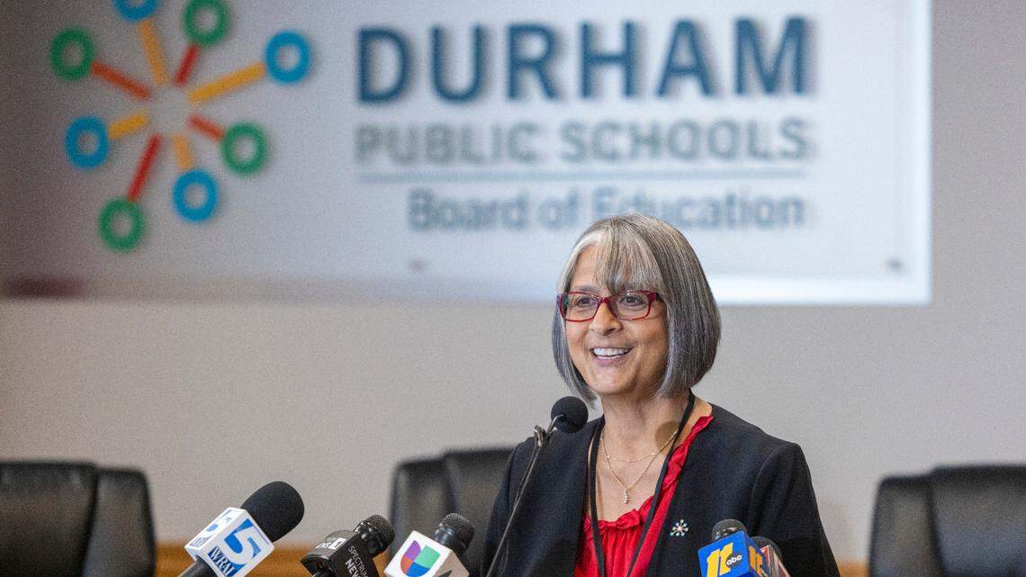 Catty Moore, Interim Superintendent of Durham Schools, fields questions following her introduction at a press briefing on Wednesday, February 14, 2024 in Durham, N.C.