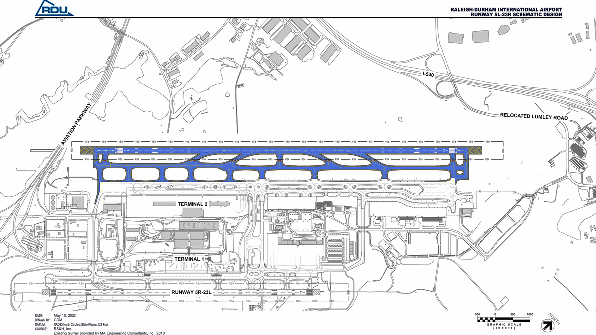 A diagram of the planned new main runway at Raleigh-Durham International Airport, just northwest of the existing one. The runway will be 10,639 feet long, 639 longer than the existing one.
