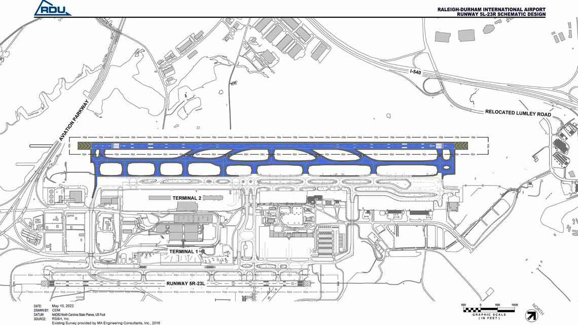 A diagram of the proposed new main runway at Raleigh-Durham International Airport, just northwest of the existing one. The runway would be 10,639 feet long, 639 longer than the existing one.