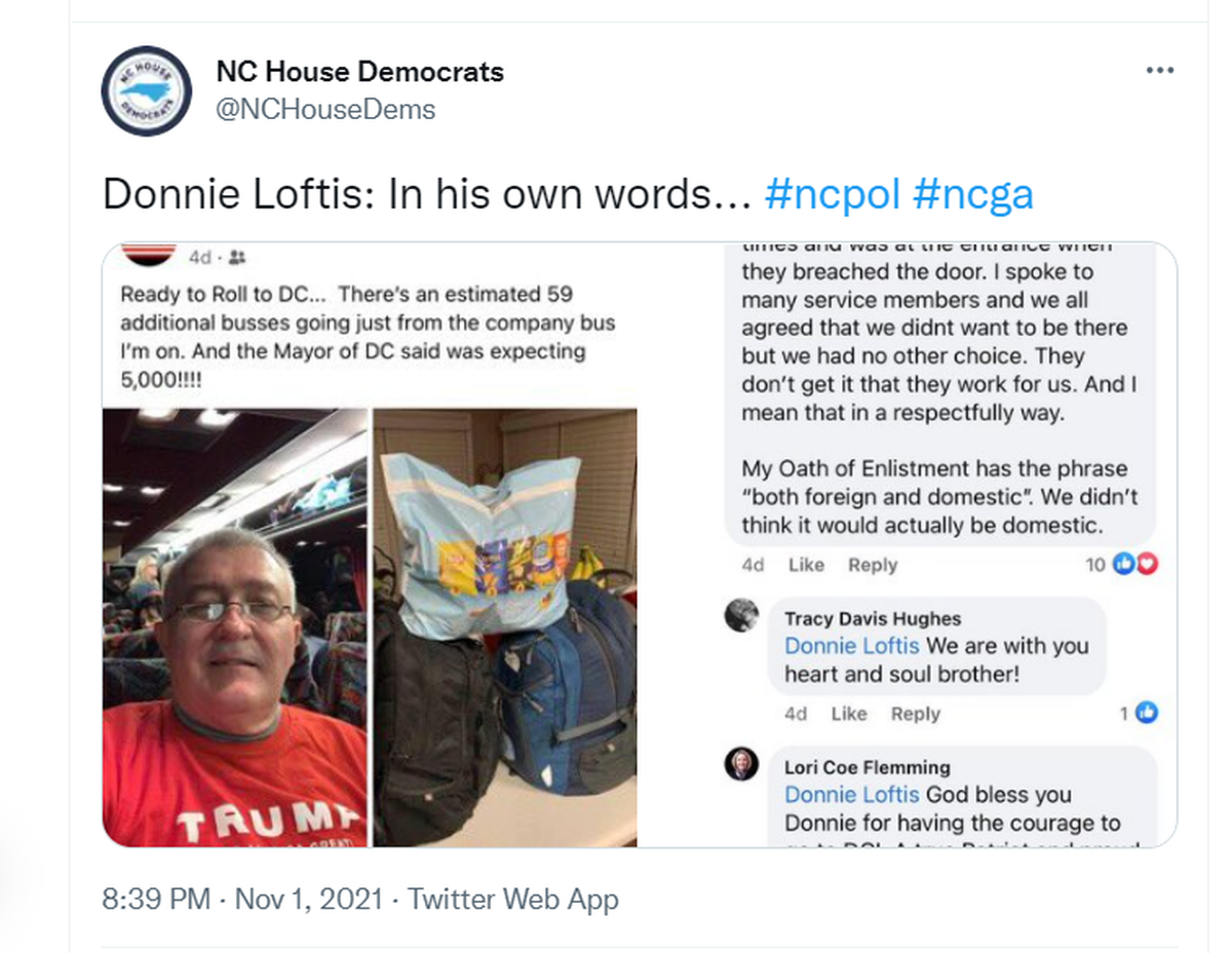 North Carolina House Democrats posted this barb at state Rep. Donnie Loftis on Nov. 1, 2021.  Democrats walked out of the House of Representatives chamber earlier that day to protest Loftis being appointed to replace Republican state Rep. Dana Bumgardner, who died Oct. 2, 2021.