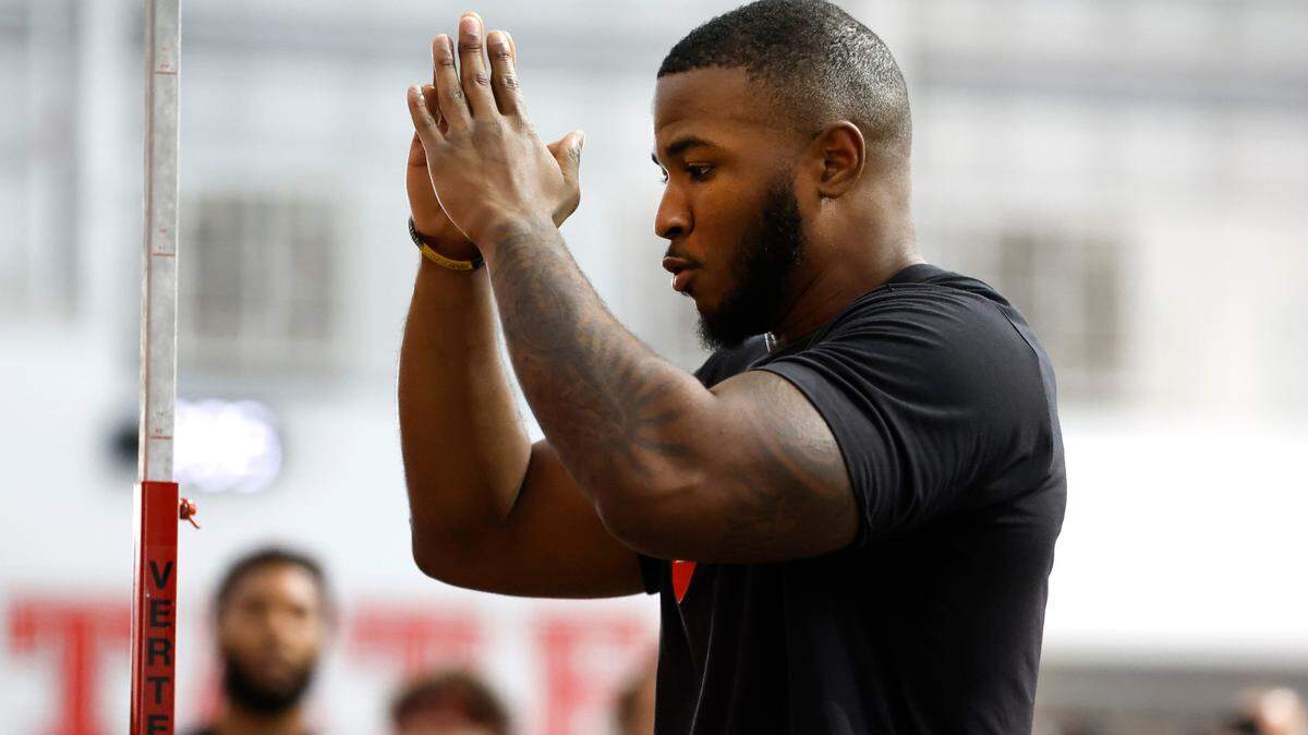 Isaiah Moore prepares to do the vertical jump during N.C. State’s Pro Day at the Close-King Indoor Facility in Raleigh, N.C., Tuesday, March 28, 2023.