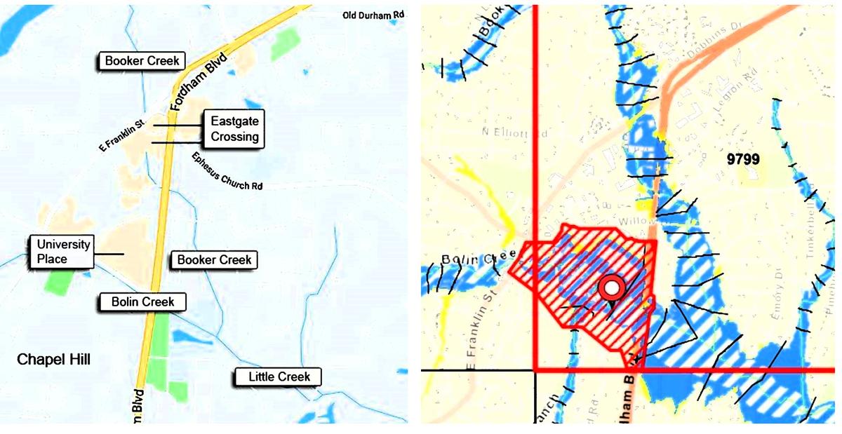 The map on the left shows Bolin and Booker Creeks flowing through Chapel Hill’s mixed-use district. On the right is the latest state flood risk map, which shows Eastgate Crossing and University Place in floodplains. The red hatching marks a special flood hazard area.