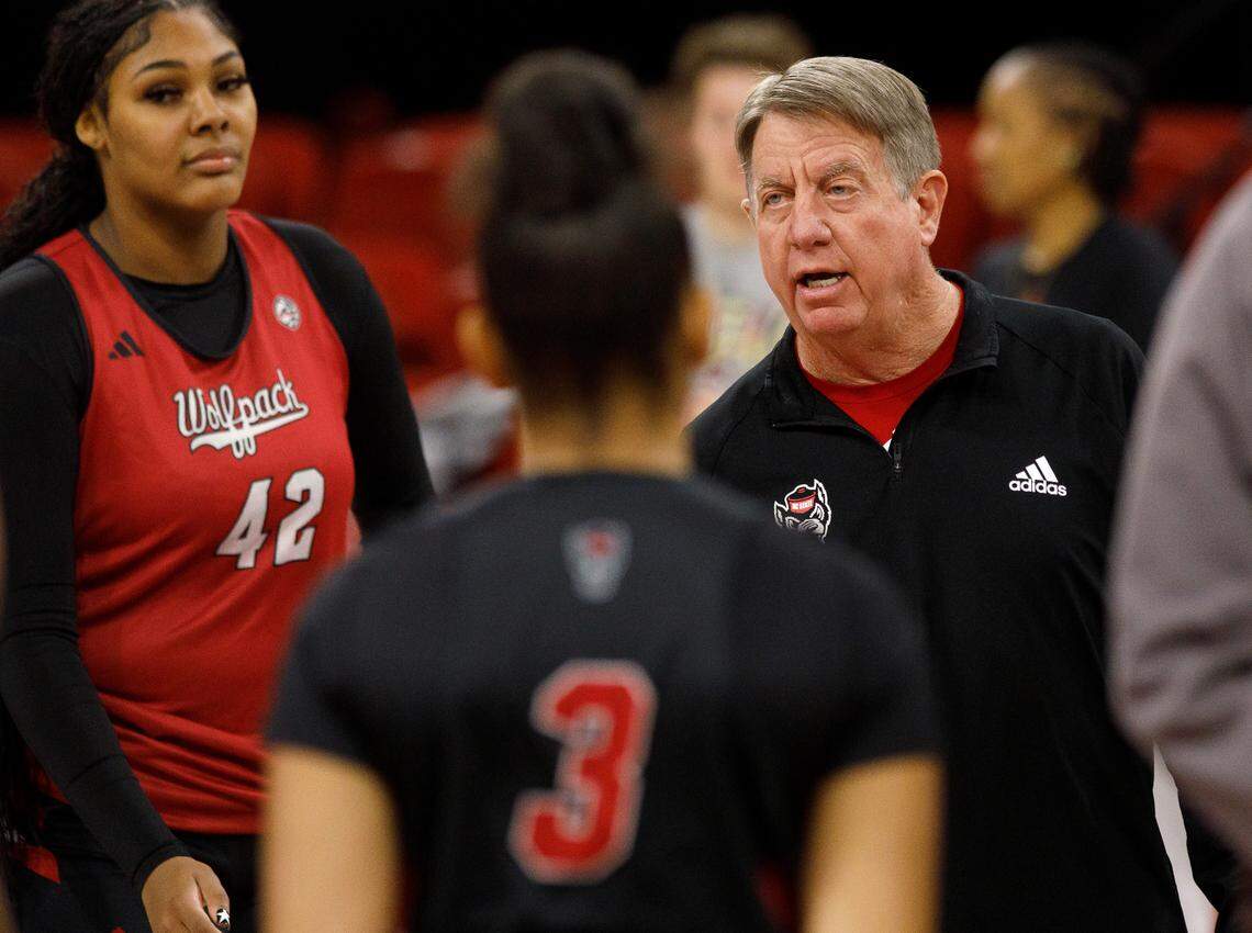 N.C. State head coach Wes Moore speaks with his team at the start of practice on Friday, March 21, 2025, at Reynolds Coliseum in Raleigh, N.C. N.C. State will face Vermont in the first round of the NCAA Tournament on Saturday.