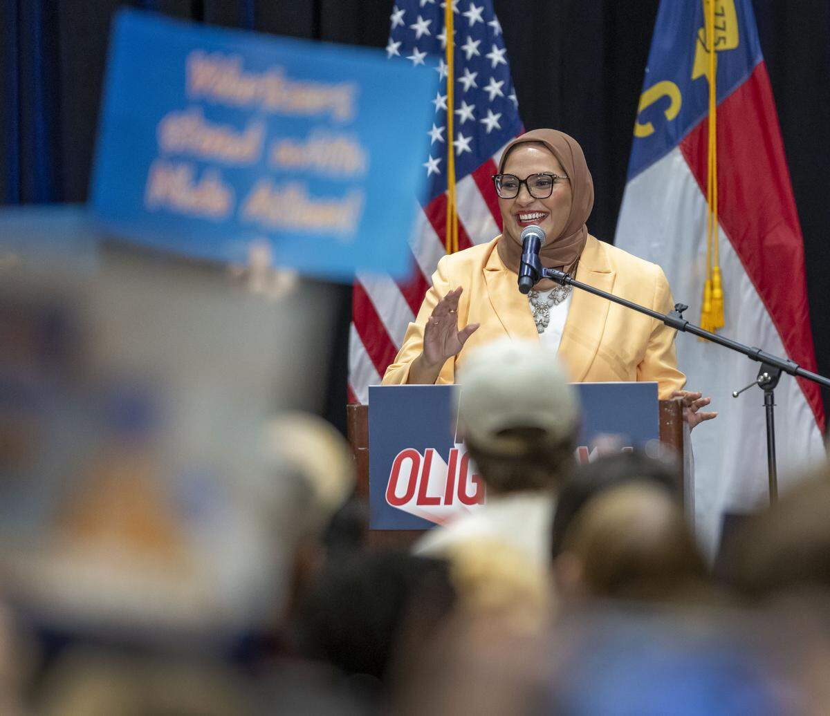 Durham County Commissioner and candidate for US House Nida Allam, addresses the crowd during a rally with US Senator Bernie Sanders at the Durham Convention Center on Friday, February 13, 2026 in Durham, N.C. 