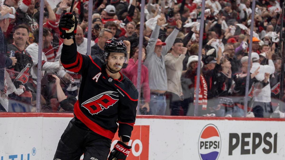 Carolina Hurricanes center Sebastian Aho (20) reacts after scoring on Florida Panthers goalie Sergei Bobrovsky (72) to take a 2-0 lead in the first period during Game 5 to take a 2-0 of their Stanley Cup series on Wednesday, May 28, 2025 at Lenovo Center in Raleigh, N.C.