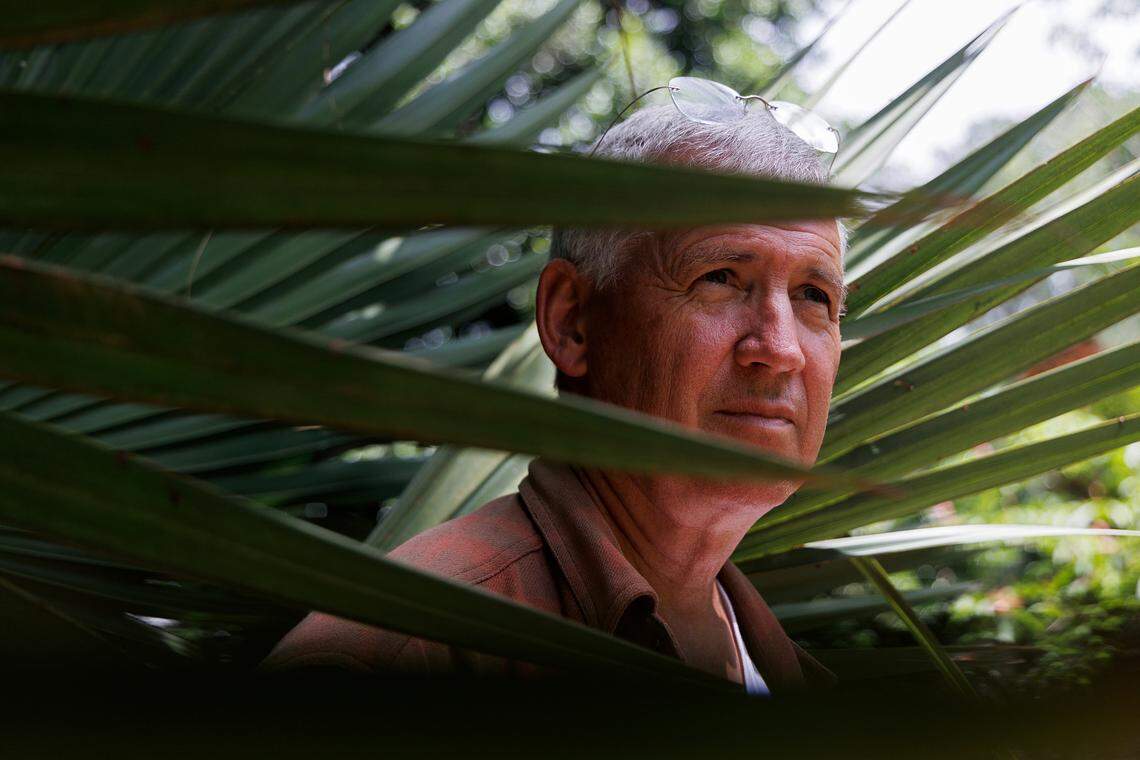 Tony Avent, founder of Plant Delights Nursery and Juniper Level Botanic Garden, is photographed through the leaves of a Sabal brazoriensis at the garden in Raleigh, N.C. on Thursday, May 9, 2024. 