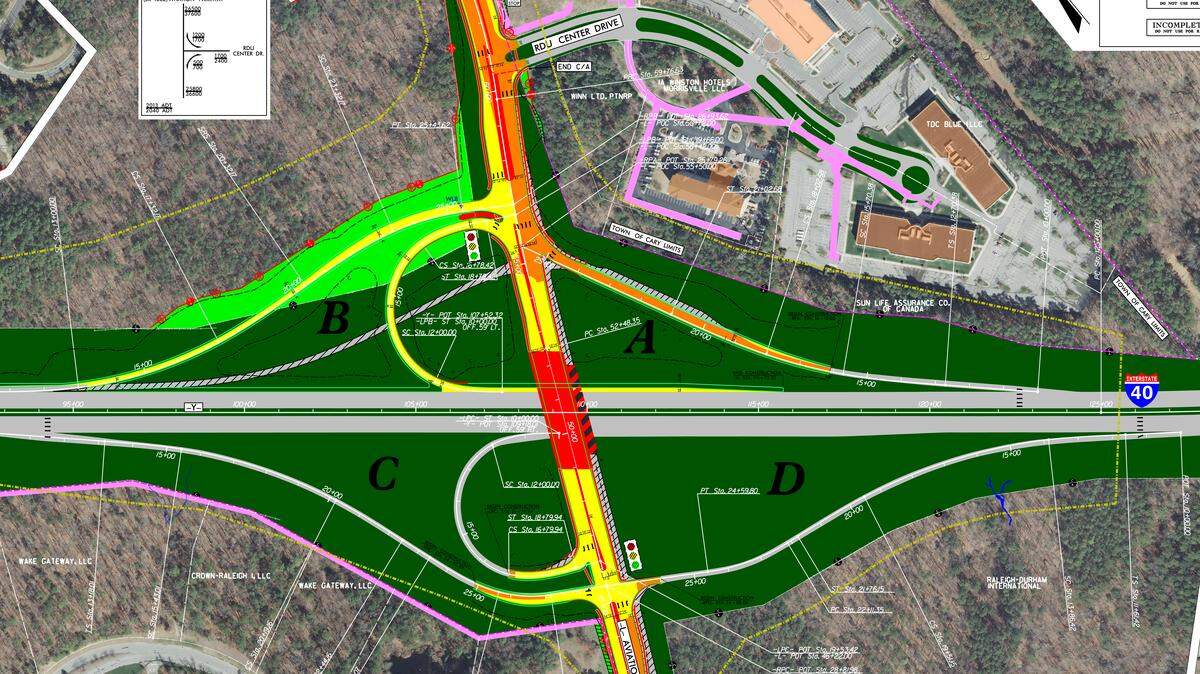 The new loop ramp that will carry traffic from westbound Interstate 40 on to southbound Aviation Parkway, shown in section B of this diagram, is set to open this weekend.