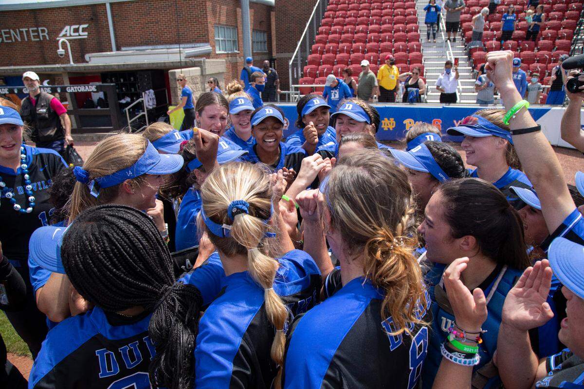 Duke’s players celebrate beating Clemson, 1-0, Saturday to win the ACC championship at Ulmer Stadium in Louisville, Kentucky. The Blue Devils are in their fourth season as a program.