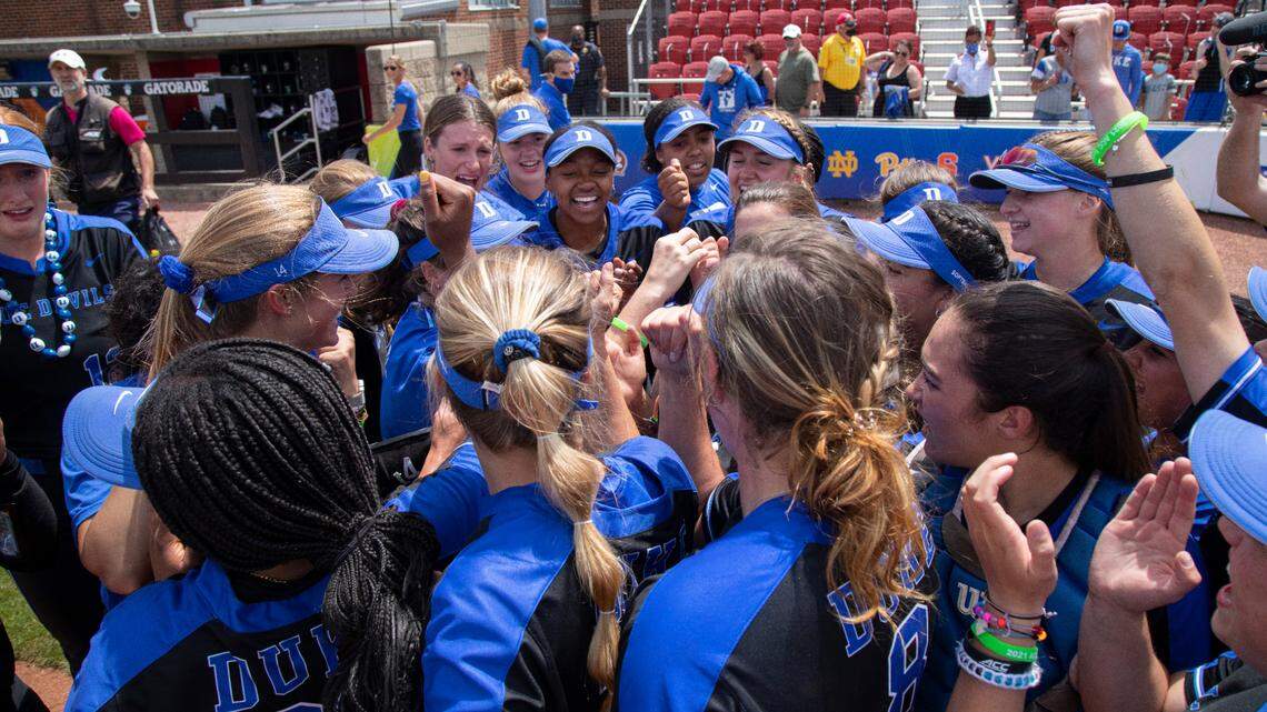 Duke’s players celebrate beating Clemson, 1-0, Saturday to win the ACC championship at Ulmer Stadium in Louisville, Kentucky. The Blue Devils are in their fourth season as a program.
