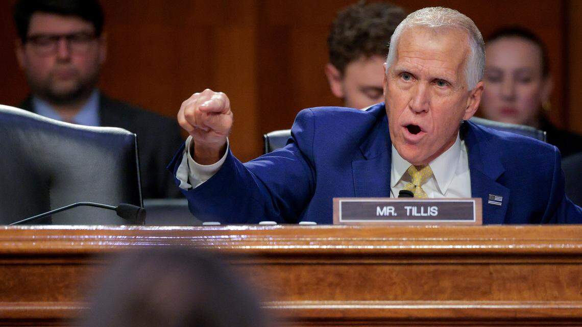 Sen. Thom Tillis (R-NC) speaks as U.S. Secretary of Homeland Security Kristi Noem testifies before the Senate Judiciary Committee on March 03, 2026 in Washington, DC. The Department of Homeland Security has faced criticism over it's handling of immigration enforcement leaving the department unfunded. 