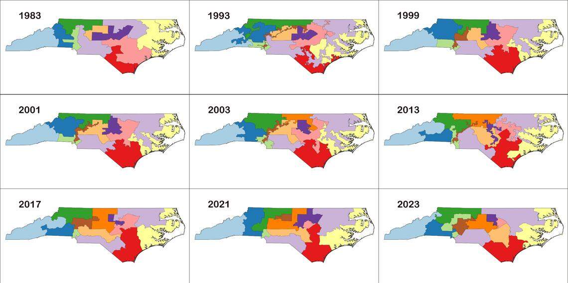 State lawmakers are supposed to redraw districts every 10 years with new data from the census. But it doesn’t always work like that in North Carolina. Over the previous four redistricting cycles, North Carolina’s congressional delegation has represented eight different maps after courts forced legislators – Democrat and Republican – back to the drawing board. The ninth map here is the approved plan for the 2023 congressional delegation – if it survives in court. Since 1983, this growing state’s U.S. House delegation grew from 11 to 14 members.