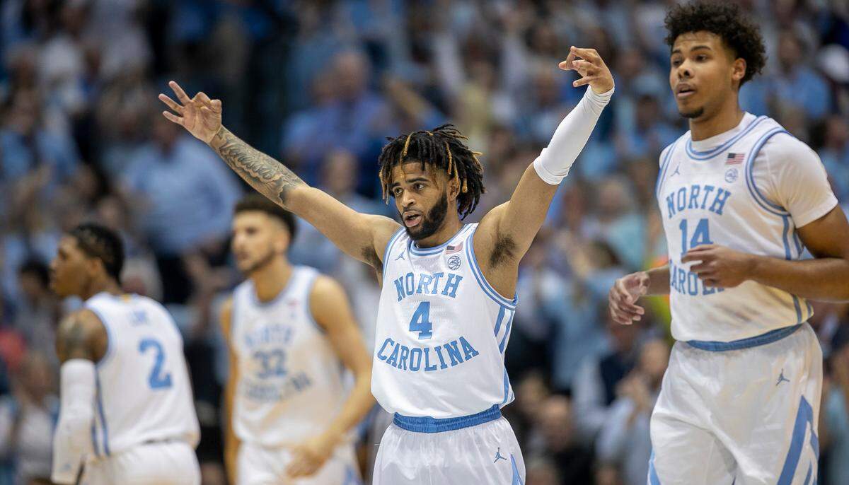 North Carolina’s R.J. Davis (4) reacts after sinking a three point basket to give the Tar Heels’ a four point lead with eight minutes to play in the second half against Duke during the first half on Saturday, March 4, 2023 at the Smith Center in Chapel Hill, N.C