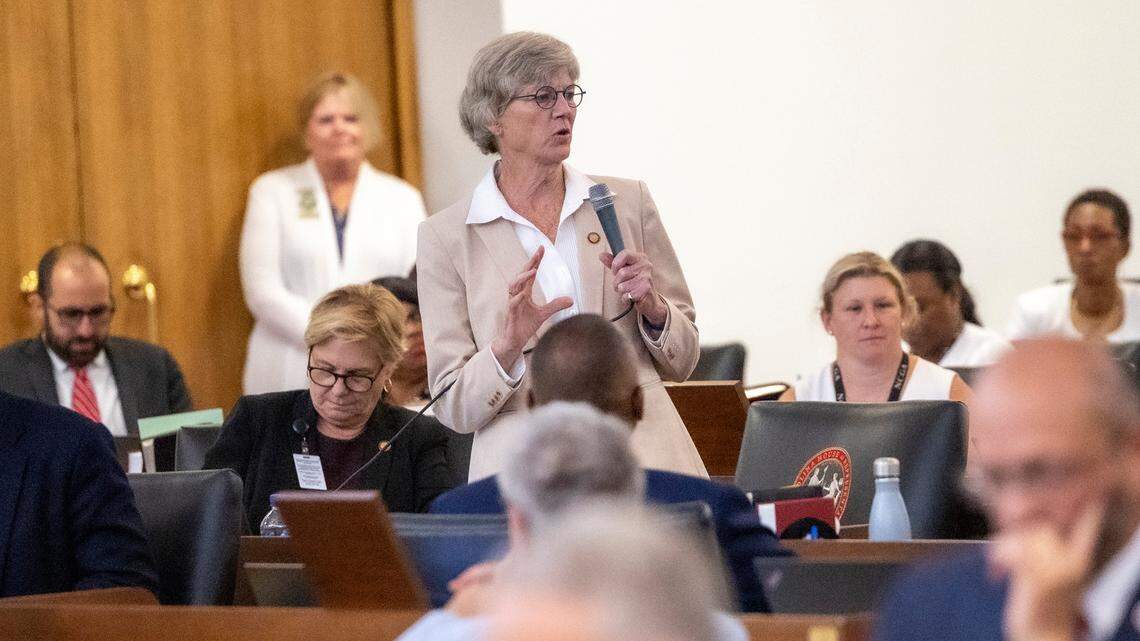 Rep. Marcia Morey a Durham Democrat, debates a bill that would prohibit transgender females from playing on women’s athletic teams, prior to veto override vote in the House at the General Assembly in Raleigh on Wednesday, Aug 16, 2023.