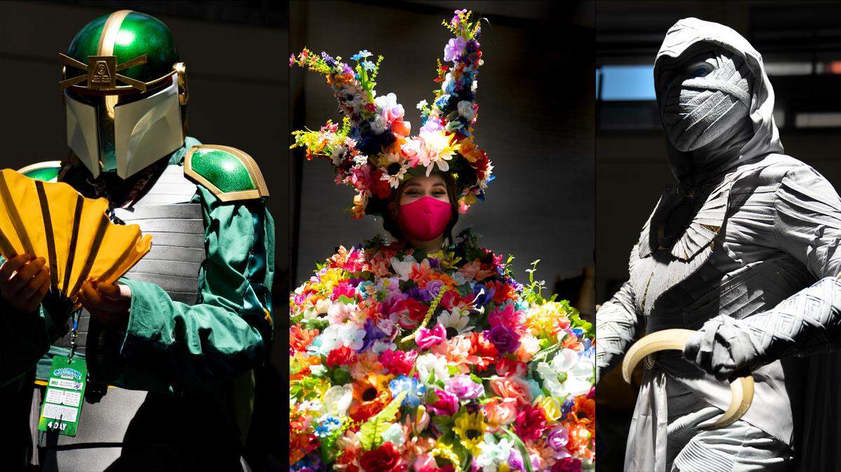Attendees at GalaxyCon Raleigh on Thursday, July 28, 2022, include from left, Alyson Kinkopf as Suki from Avatar, Maggie Michael as Dani from Midsommar and Carlos Rodriguez as Marvel’s Moon Knight.