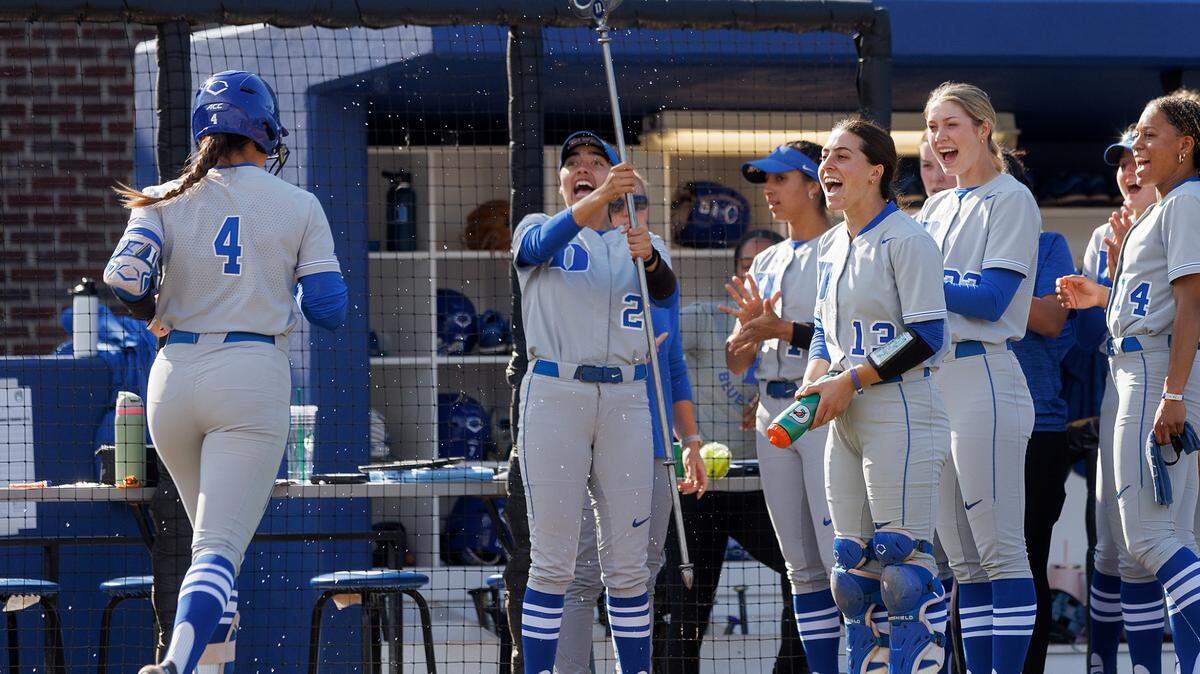 Duke’s Ana Gold is congratulated by teammates after a two-run home run in the fourth inning of the Blue Devils’ 6-0 win over Longwood on Wednesday, April 24, 2024, in Durham, N.C.