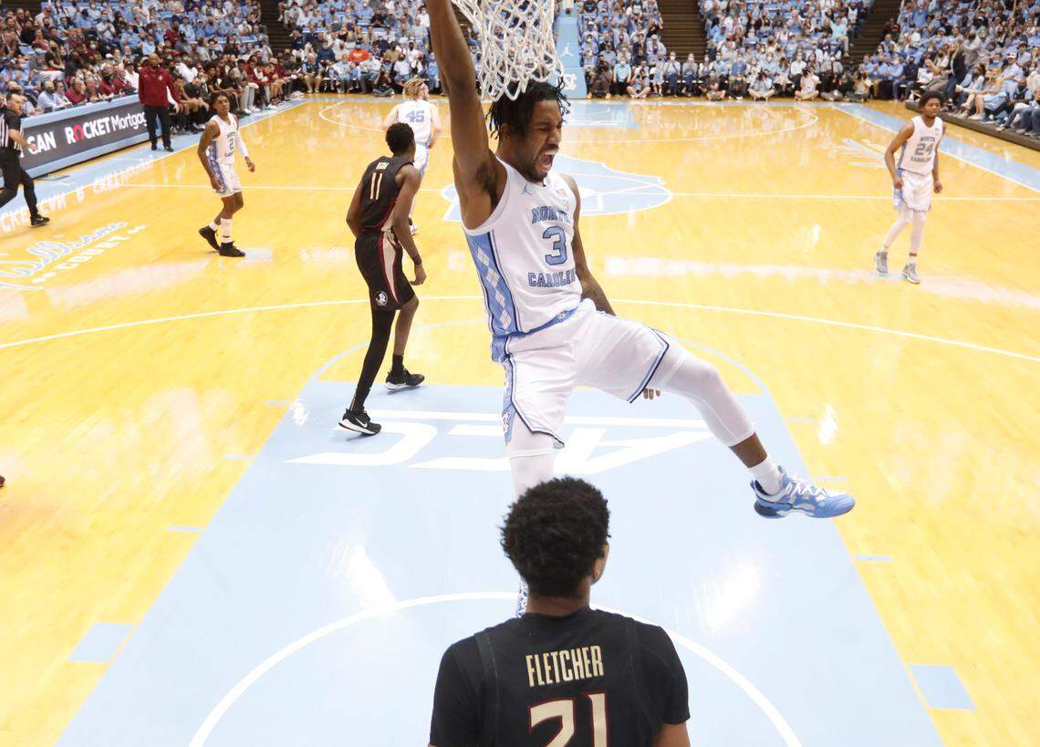 North Carolina’s Dontrez Styles (3) celebrates slamming in two during UNC’s 94-74 victory over Florida State at the Smith Center in Chapel Hill, N.C., Saturday, Feb. 12, 2022.