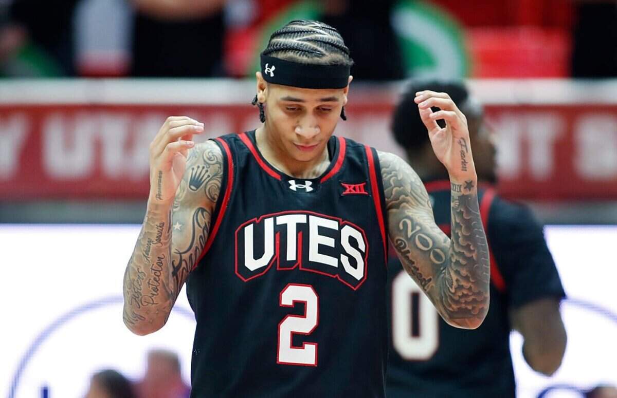 PROVO, UT - FEBRUARY 24: Terrance Brown #2 of the Utah Utes reacts after throwing the ball away against the Iowa State Cyclones during the second half of their game at the Jon M Huntsman Center on February 24, 2026 in Salt Lake City, Utah. (Photo by Chris Gardner/Getty Images)