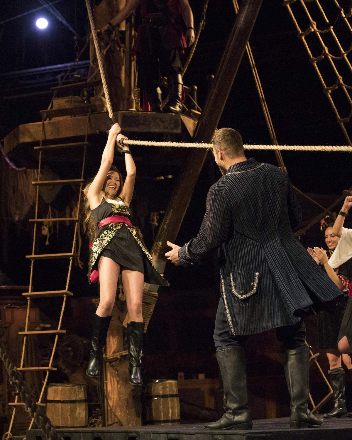 Caelynn Miller-Keyes, left, the 2018 Miss North Carolina USA, with Colton Underwood on a pirate adventure group date on the Jan. 21 episode of “The Bachelor.”