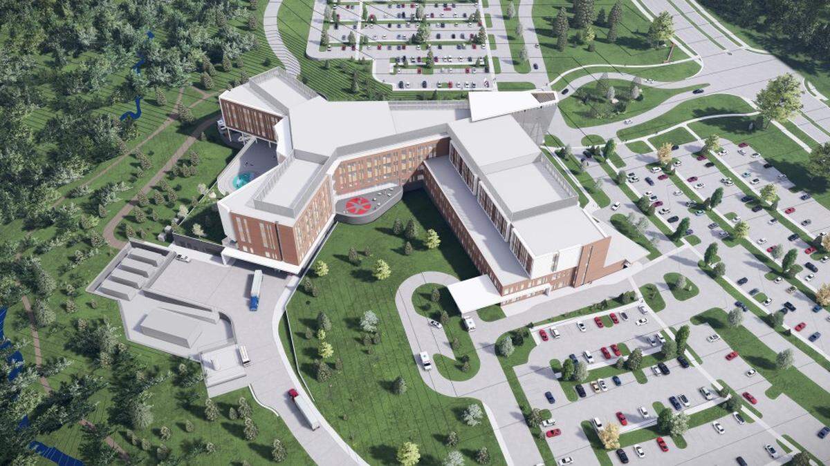 A rendering of WakeMed’s planned “whole health campus” in Garner, with a 150-bed Mental Health & Well-Being hospital on the left and a 45-bed acute care hospital on the right.