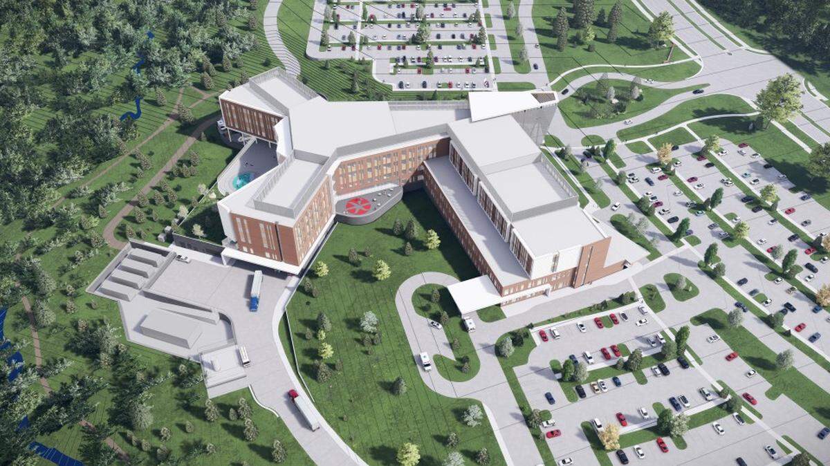 A rendering of WakeMed’s planned “whole health campus” in Garner, with a 150-bed Mental Health & Well-Being hospital on the left and a 45-bed acute care hospital on the right.