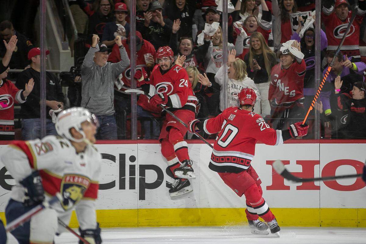 The Carolina Hurricanes Seth Jarvis (24) reacts after scoring on Florida Panthers goalie Sergei Bobrovsky (72) in the first period to take a 1-0 lead during Game 1 of the Eastern Conference Finals on Thursday, May 18, 2023 at PNC Arena in Raleigh, N. C.