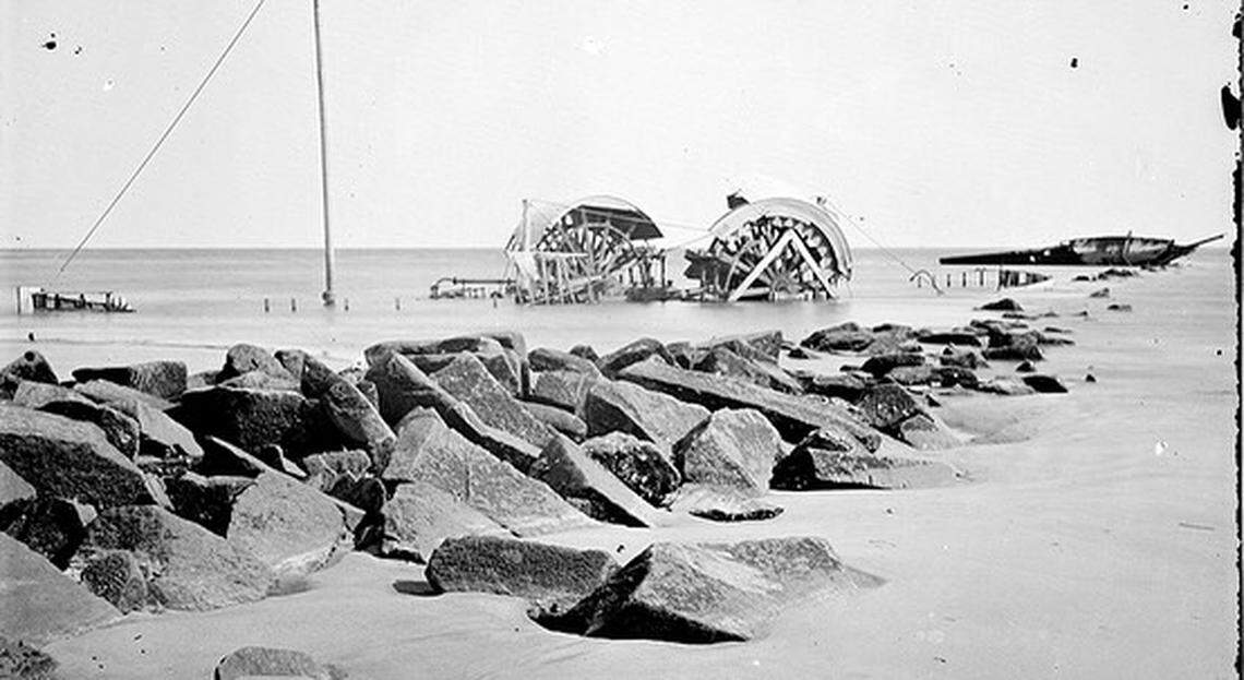 This photo in the Library of Congress shows the “remains of the wooden steamboat Celt wrecked along Bowman’s Jetty,” in Charleston Harbor, according to the SC Marine Researcher Division. The Celt is now buried on Sullivan’s Island.