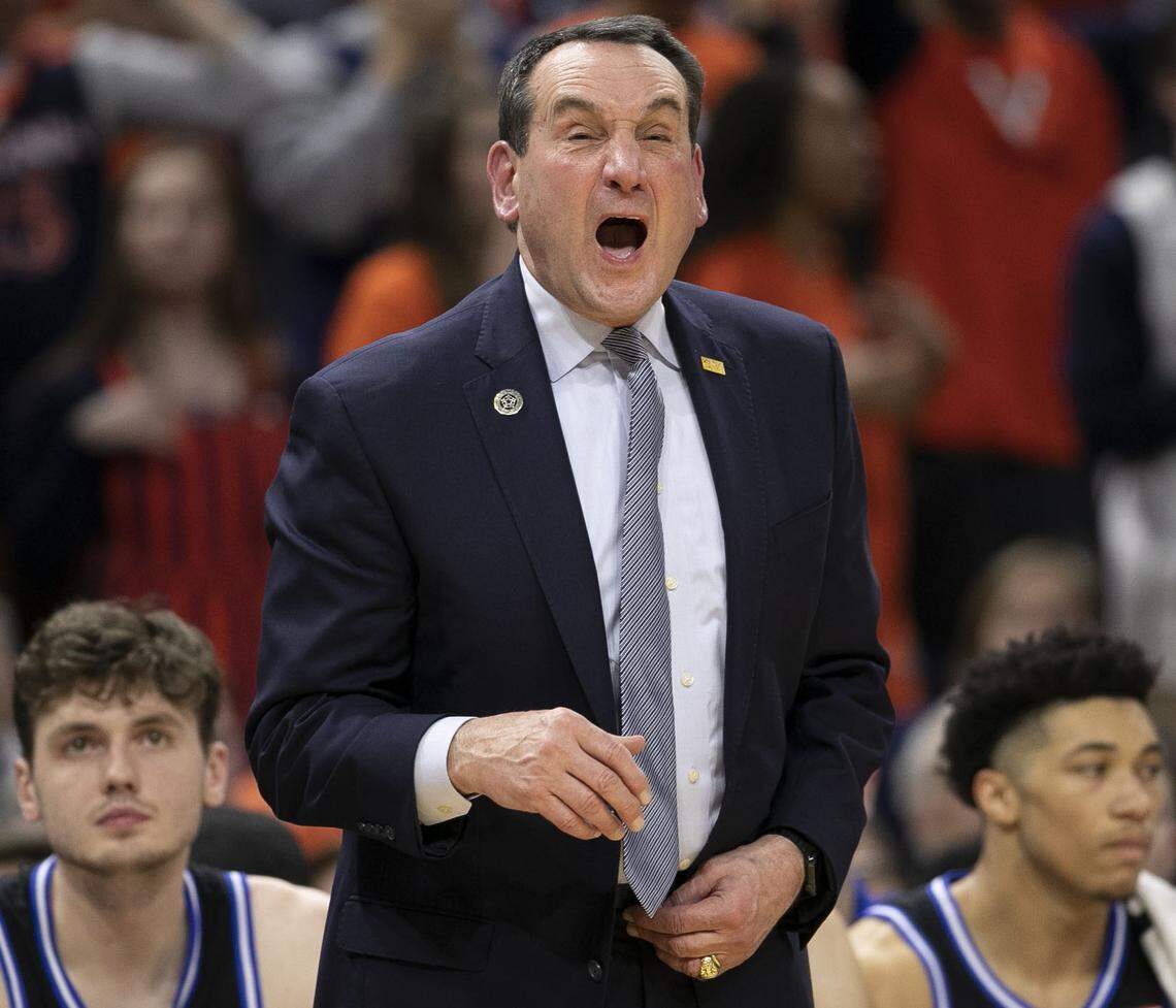 Duke coach Mike Krzyzewski directs his players on offense during the second half against Virginia on Saturday, February 29, 2020 at John Paul Jones Arena in Charlottesville, Va.