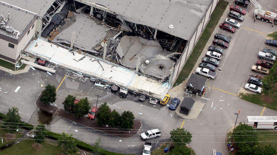An aerial view of the former Slim Jim plant in the days after the explosion in June 2009.