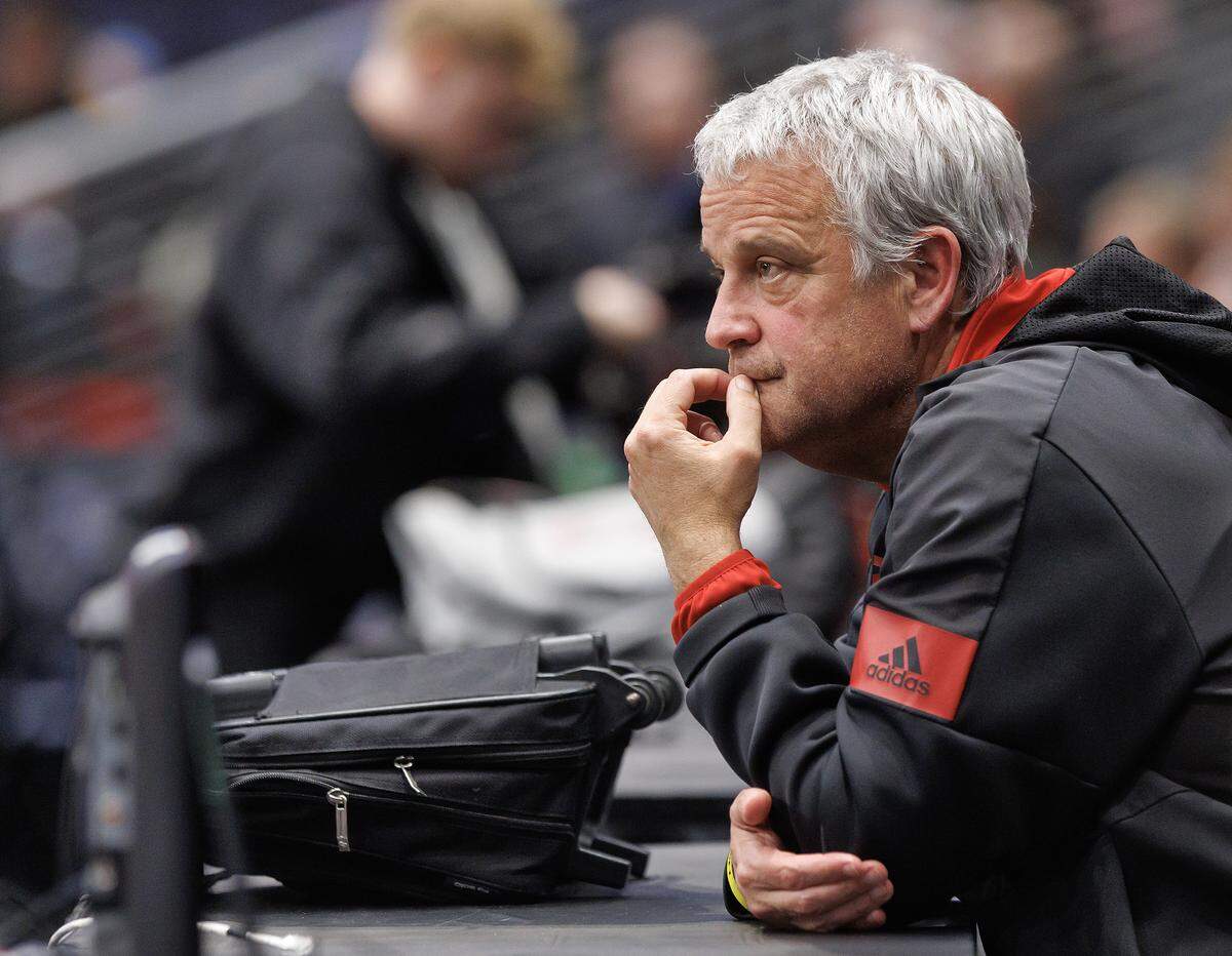 N.C. State Athletic Director Boo Corrigan watches the men’s basketball team practice at University of Dayton Arena in Dayton, Ohio on Monday, March 16, 2026. 