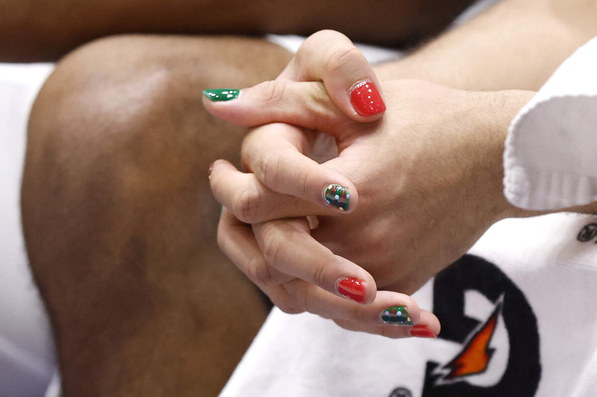 Duke’s Jared McCain had his nail painted with a Christmas design for the Blue Devils game against Queens University at Cameron Indoor Stadium in Durham, N.C., Saturday, Dec. 30, 2023.