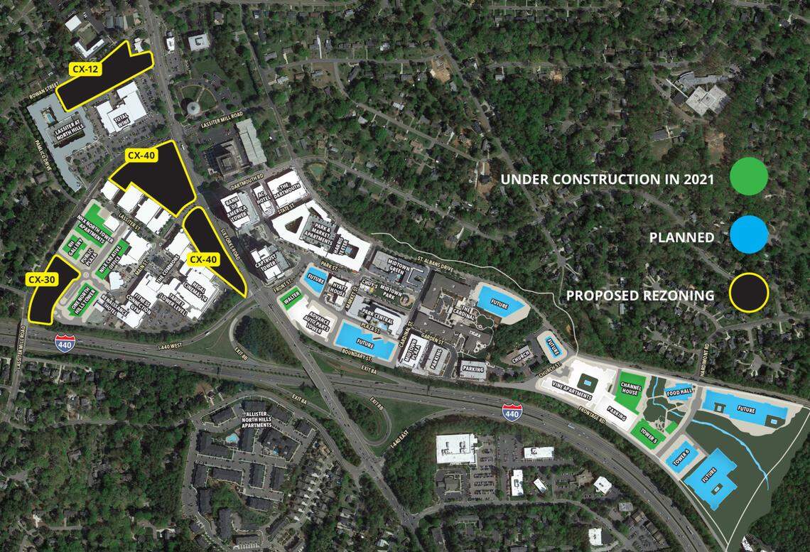 Kane Realty is planning to file a rezoning request for several pieces of land on their North Hills mixed-use shopping district to allow for building towers up to 40 stories tall.