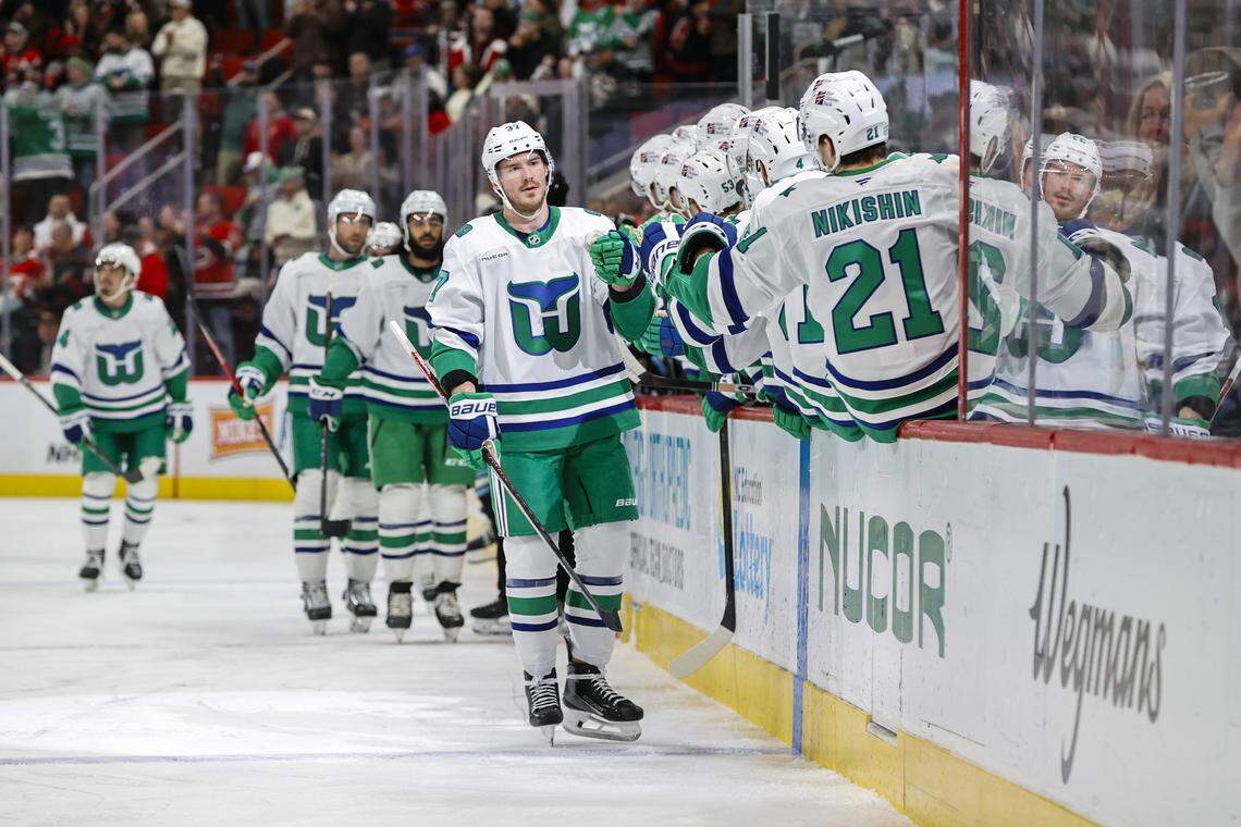 Andrei Svechnikov (37) of the Carolina Hurricanes celebrates his goal with teammates on the bench during the first period against the Utah Mammoth at Lenovo Center on Jan. 29, 2026 in Raleigh, North Carolina.